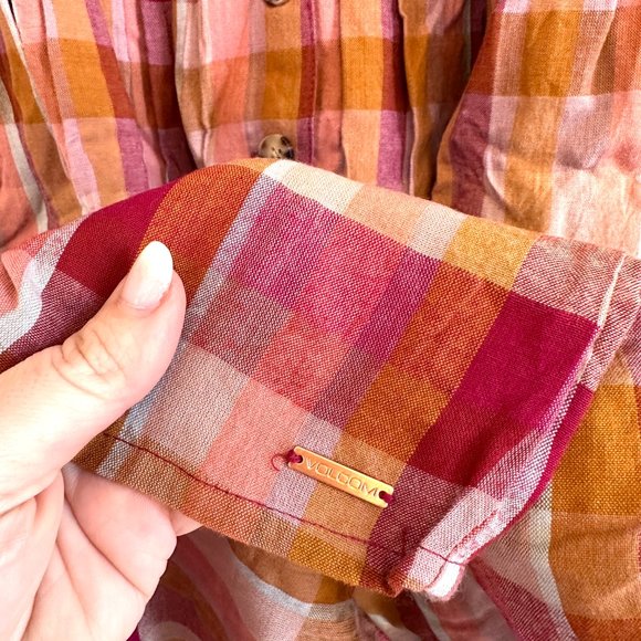 Volcom Auburn & Yellow Plaid NWT Madrasita Button-Front Sleeveless Dress SMALL - Picture 7 of 10